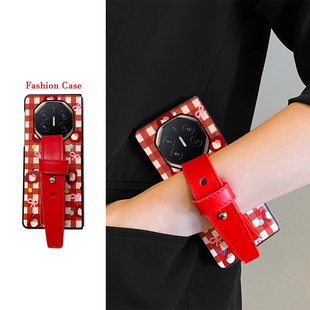 尾火虎适用于华为matexts非凡大师版手机壳红格纹苹果kt折叠屏ins日韩风高级感腕带女matex6/matex5/matex3