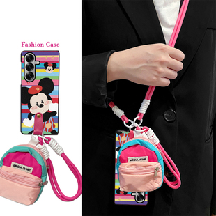 w24 zfold5 w23 w26 尾火虎适用于三星ztrifold手机壳三折叠彩虹条纹米奇皮纹可爱趣味卡通日韩风挂绳zfold7