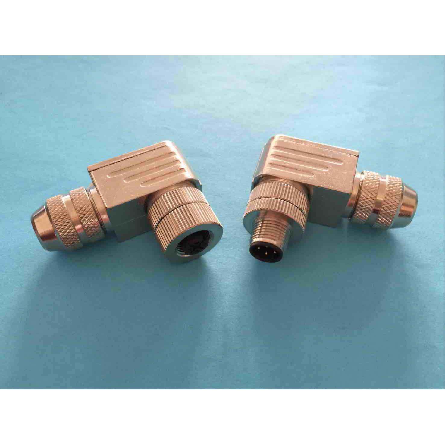 M12连接器全金属带屏蔽90度弯头4P5芯8芯12针孔航空插头 插针插孔