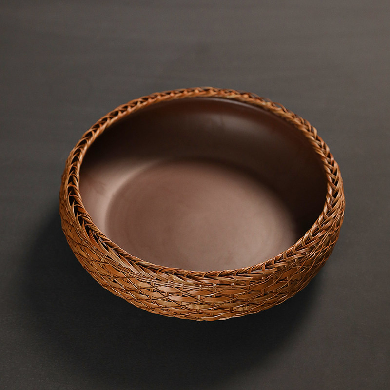 紫砂粗陶茶洗竹编建水茶具水盂日式家用大号复古风水洗茶道零配