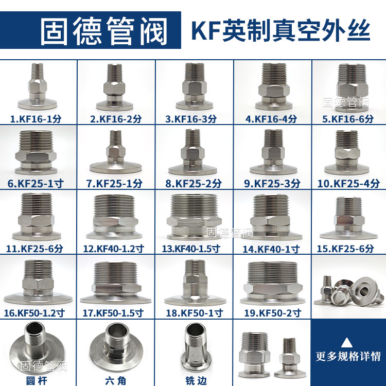 KF16 KF25 KF40 KF50真空卡盘外丝螺纹接头 304不锈钢 1/2/4/6分