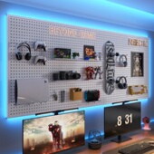 电竞房置物架黑色墙上铁艺洞洞板工具架游戏机收纳架墙面装 饰挂板