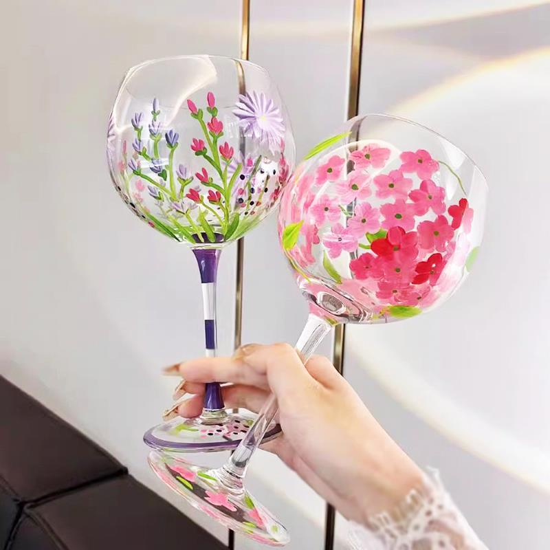 中古风手工手绘花朵水晶玻璃杯高脚杯薰衣草桃花红酒杯葡萄酒杯子