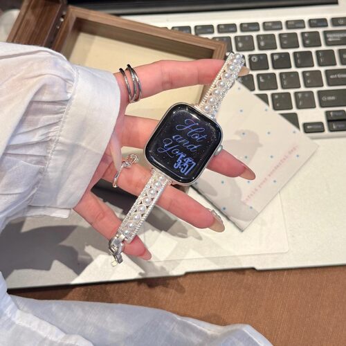 日本MLINJ珍珠闪钻锆石金属iwatch表带适用SE苹果手表11代9Ultra