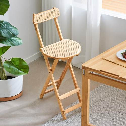 可折叠吧台椅家用现代简约高脚凳实木酒吧椅餐厅日式藤编靠背椅子