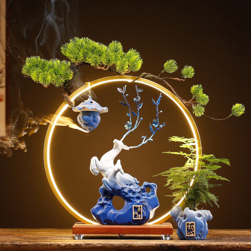 陶瓷招财梅花鹿倒流香摆件客厅玄关新中式装饰办公桌开业乔迁礼品