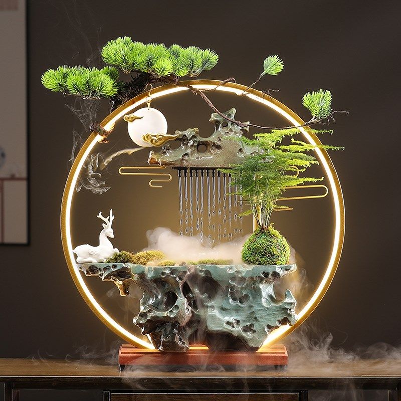招财流水摆件循环水创意中式灯圈倒流香客厅办公室装饰开业礼品