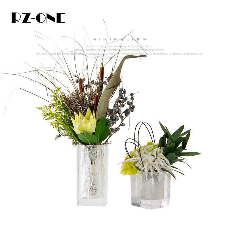 Rzone 轻奢透明花瓶花艺托盘组合摆件会所茶几浴室仿真花软装饰品