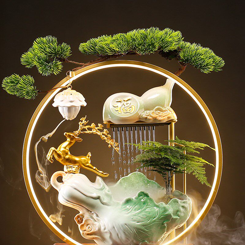 招财流水摆件循环水鹿白菜葫芦家居客厅办公室装饰玄关开业礼物