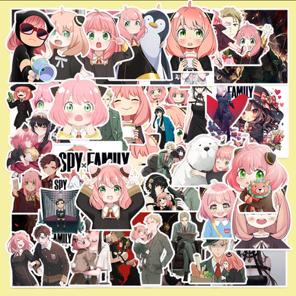 50张日漫卡通间谍过家家可爱装饰贴纸装饰小图案水杯头盔摩托车手机壳电动力吉他笔记本电脑DIY防水贴纸