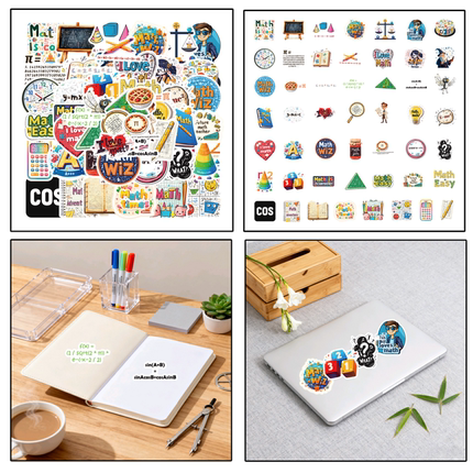50张各种趣味数学系列奖励涂鸦滑板贴纸DIY装饰笔记本电脑汽车电动车头盔行李箱手账PVC不干胶环保防水贴纸