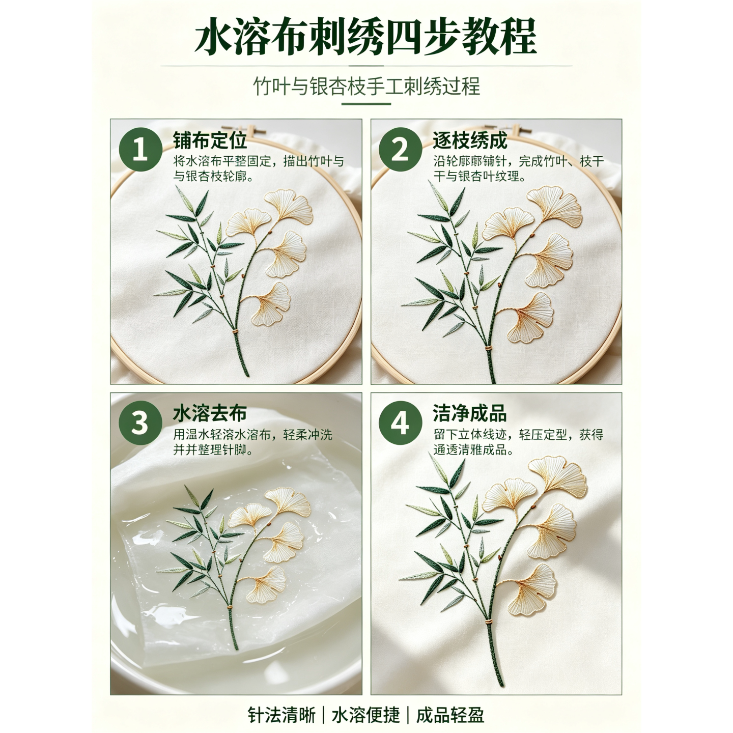 竹叶银杏枝线稿图手工刺绣水溶布