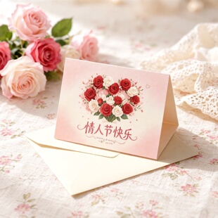 情人节玫瑰花贺卡明信片小清新送爱人表白节日祝福卡高颜值爱心贺卡带信封贴纸手写情话更有新意