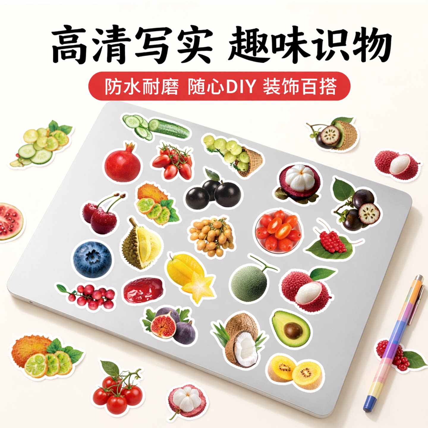 新款小清晰卡通水果蔬菜贴纸儿童识物辣椒番茄柠檬西瓜图案写实装饰行李箱水杯笔记本电脑手账文具DIY防水贴