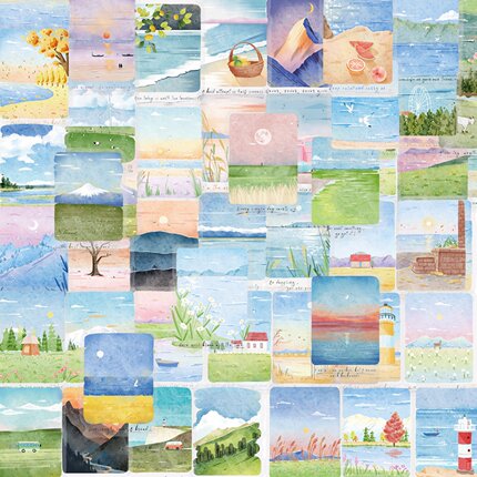 50张透明见山见海见自己治愈风景手绘风户外风景PET个性涂鸦贴纸笔记本电脑行李箱水杯创意贴无痕不留胶装饰