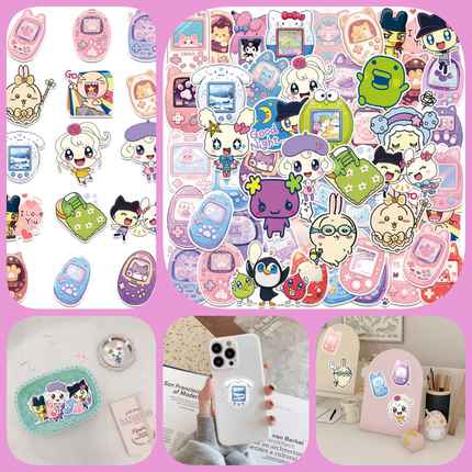 50张古早日系卡通拓麻歌子可爱风贴纸装饰于手机手账笔记本电脑冰箱水杯饭卡窗户电动车桌面高清防水环保贴纸