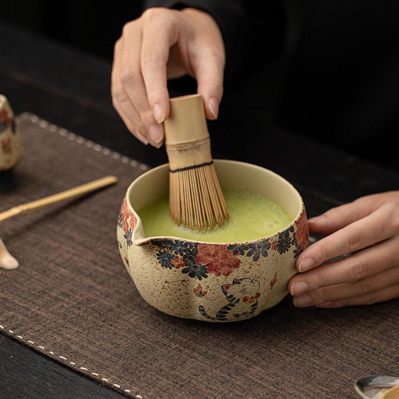 青花火石红抹茶四件套打沫搅拌日式点茶道陶瓷打茶碗茶筅