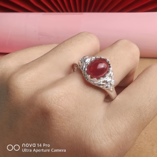 红玛瑙纯银戒指女款999足银复古做旧开口可调节指环送送妈妈礼物