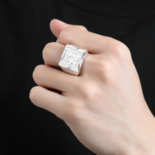 纯银男士 指环扳指宽戒父亲礼物老人 戒指999足银福字發财寿龙男款