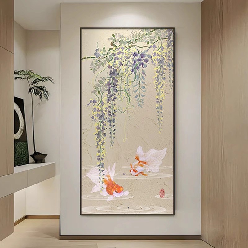 新中式九鱼图玄关装饰画客厅入户走廊过道挂画轻奢柿子画竖版艺术图片