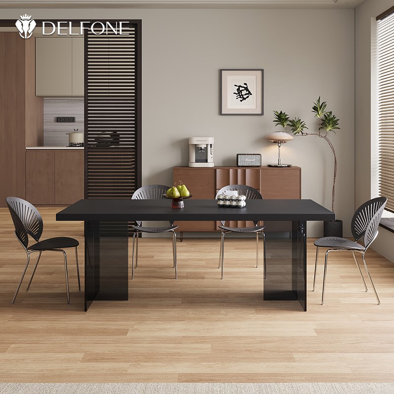 德利丰亚克力悬浮岩板餐桌下挂款纯黑色长方形小户型餐厅家用饭桌