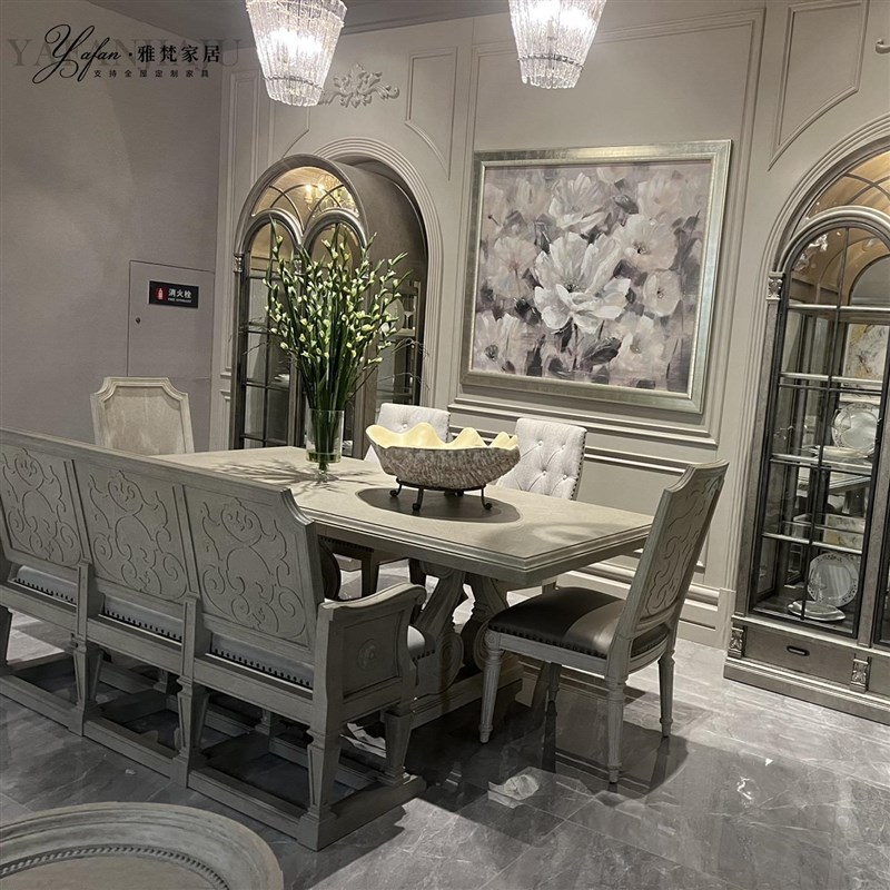 美式轻奢ART建筑复兴实木雕花餐桌椅法式乡村复古做旧长方形餐桌