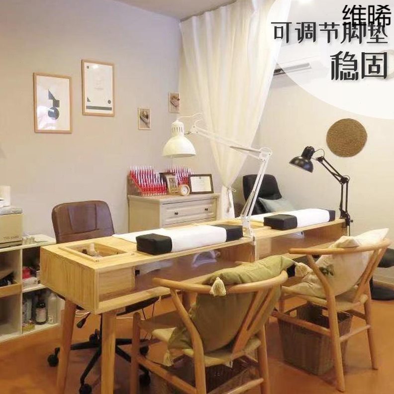 直销WP3日式美甲桌椅套装原木实木双层双耳收纳抽屉美甲店台美