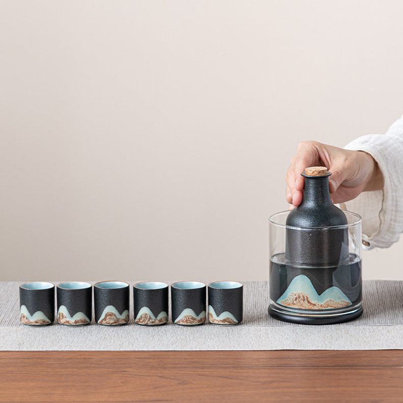 直销远山釉画黑陶陶瓷酒具套装 清酒小酒壶温酒器黄酒白酒黑陶酒