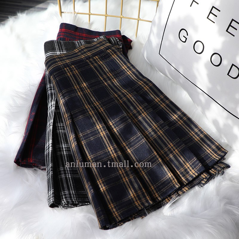黑白格子百褶裙女春秋款高腰复古磨毛呢a字半身裙显瘦格纹短裙裤