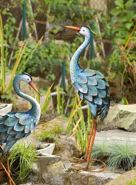铁艺仙鹤鸟复古做旧蓝色落地橱窗摆件别墅庭院花园露台水池装饰