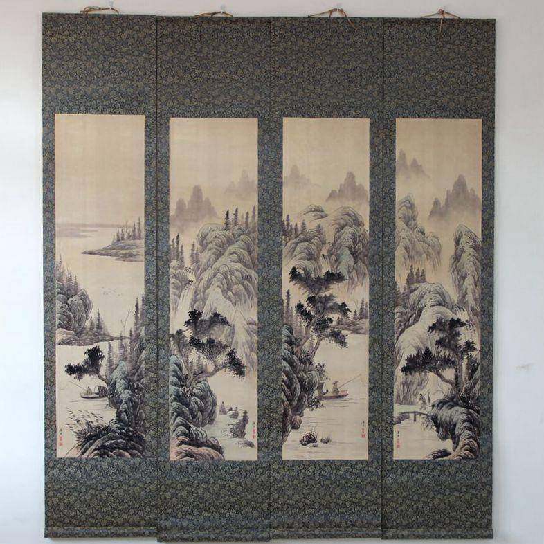 杂件中堂画四条屏字画国画山水画唐寅唐伯虎樵人晚归挂画已装裱