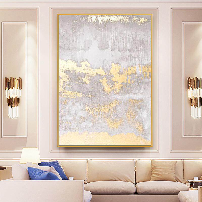 油画手绘复古轻奢金箔抽象画现代客厅玄关装饰画美式走廊背景挂画