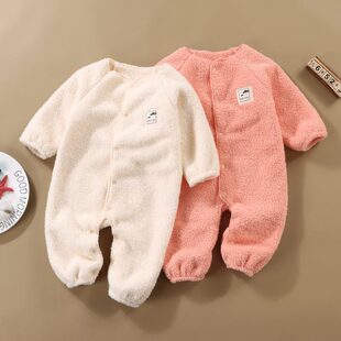 新款秋冬云朵绒长袖连体婴儿爬服外出加厚保暖连体家居服睡衣