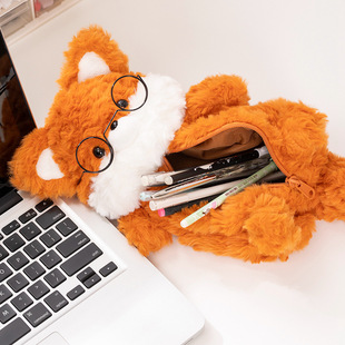 卡通呆萌橘色狐狸毛绒笔袋桌面收纳装饰摆件公仔学生学习文具袋