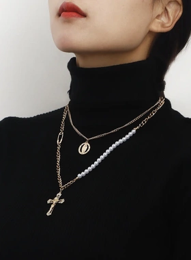 欧美爆款项链 时尚个性设计双层叠戴锁骨链 珍珠拼接十字架毛衣链