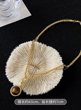 真金电镀扭曲圆形人造虎眼石项链复古简约吊坠锁骨链时尚气质项饰