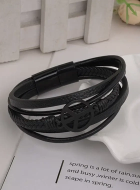 男士磁扣和平朋克轻奢简约百搭真皮编织多层手工手链