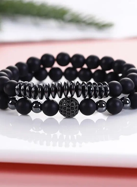 wish欧美手链8mm黑胆石套装手串微镶锆石弹力线铜饰品礼物