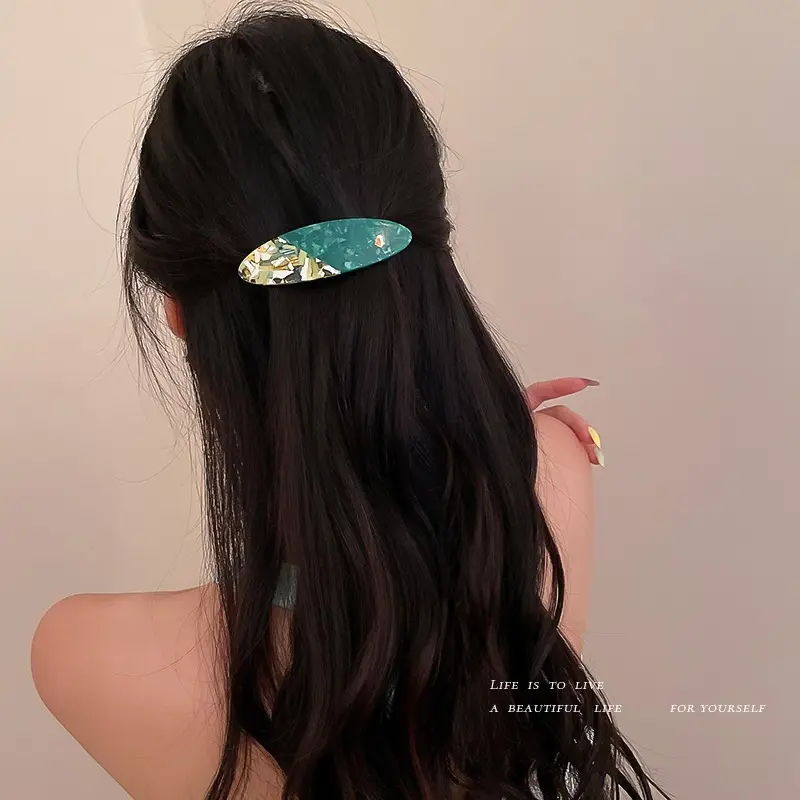 韩国hi复古绿色气质抓夹法式清新橄榄绿图腾拼接醋酸发夹夹