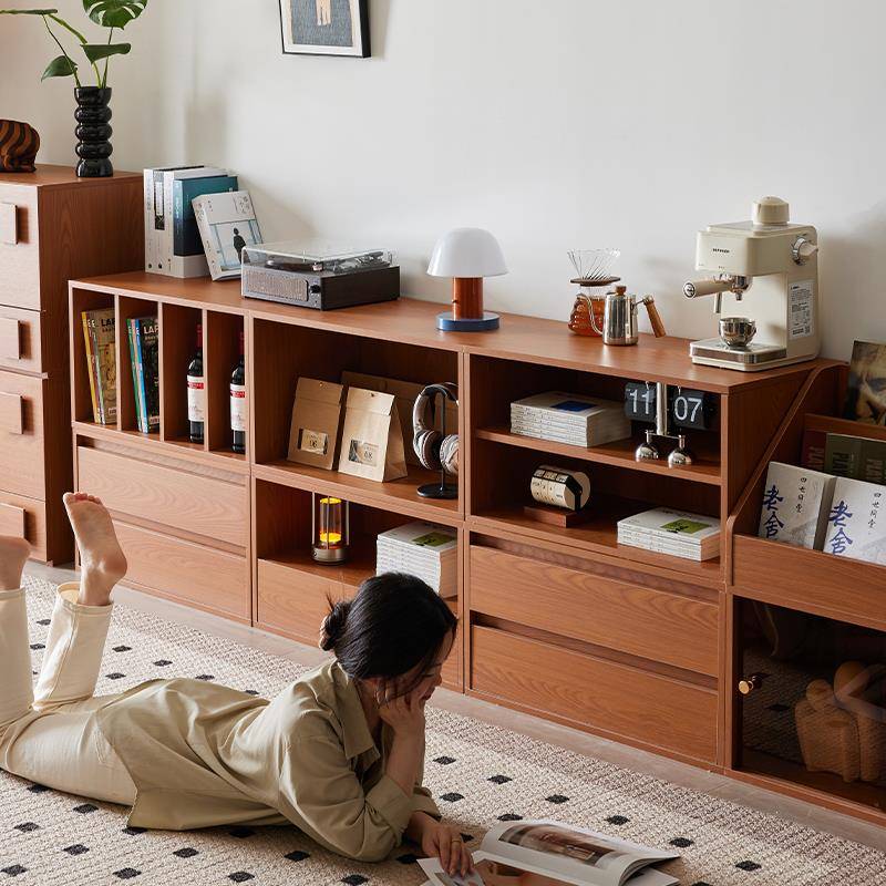 小四组合书柜中古黄杨木色餐边柜展示柜客厅落地电视柜收纳储物柜