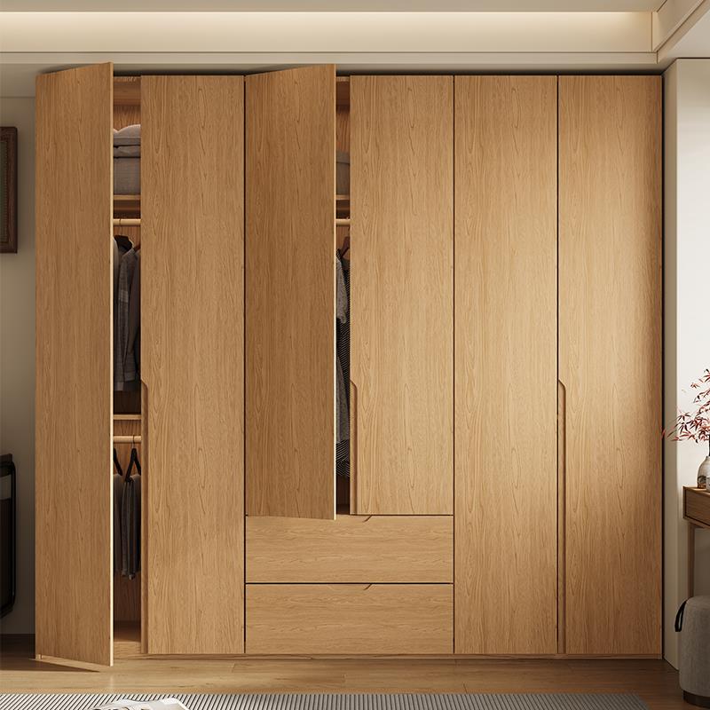 筑美巢北欧原木风实木欧松板免拉手高档衣柜家用卧室四六门大衣橱