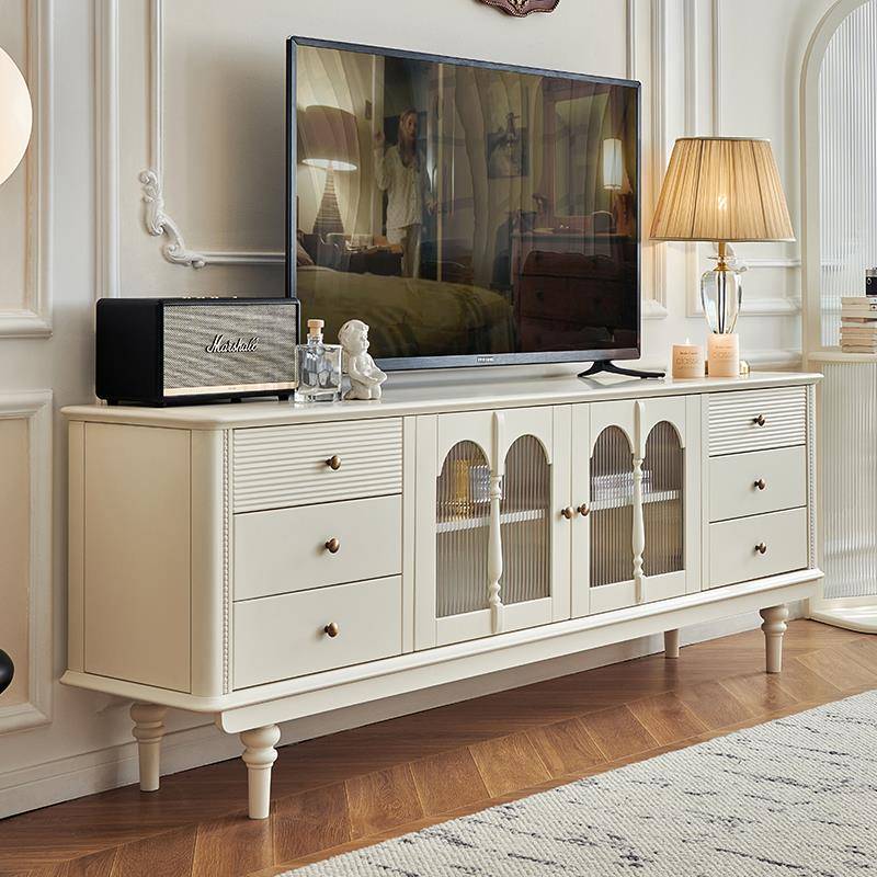 法式奶油风实木电视柜白色全原木客厅家用2米2高款落地式电视机柜