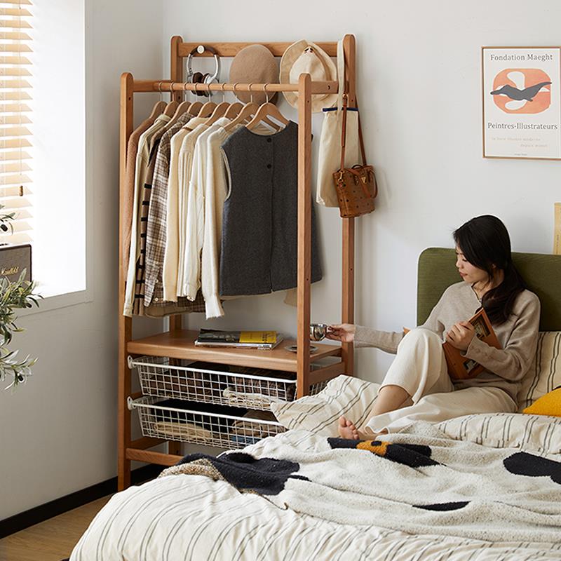 北陌家具清风衣帽架樱桃木带收纳篮可置物原木卧室落地实木挂衣架