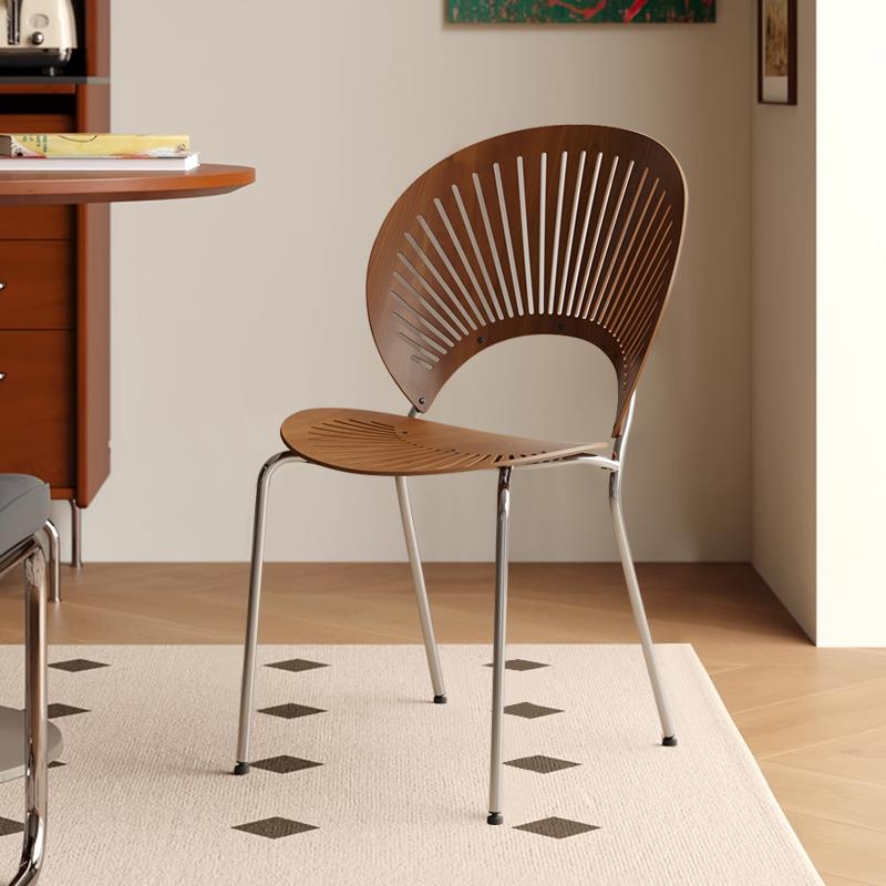 北欧家用餐椅实木贝壳椅中古椅子靠背现代简约覆古胡桃木色餐桌椅