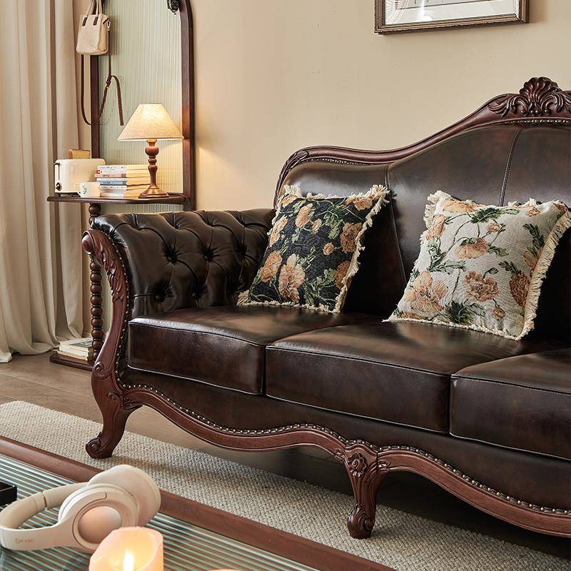 美式沙发实木真皮头层牛皮拉扣三人位棕色复古高端豪华客厅家具