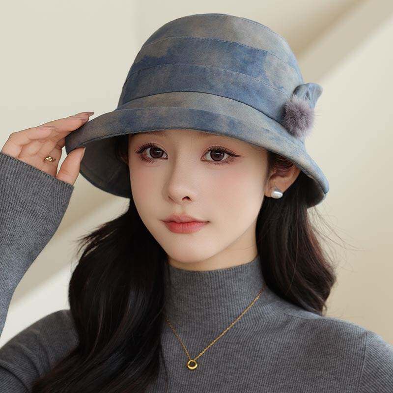 秋冬季妈妈洋气渔夫帽子女百搭卷边水墨花优雅中老年人可折叠盆帽