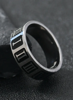 时尚不锈钢饰品 复古朋克风腐蚀数字黑油钛钢男士戒指厂