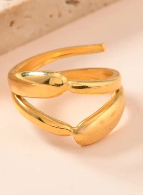 欧美风新款不锈钢饰品 轻奢设计感18k金油压立体几何形钛钢戒指厂