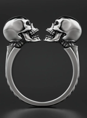 热卖新款欧美复古做旧戒指女镀银饰品小众ins霸气双骷髅头开口戒