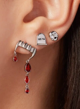 万圣节吸血鬼獠牙项链滴血耳钉戒指首饰套装女镀真金保色